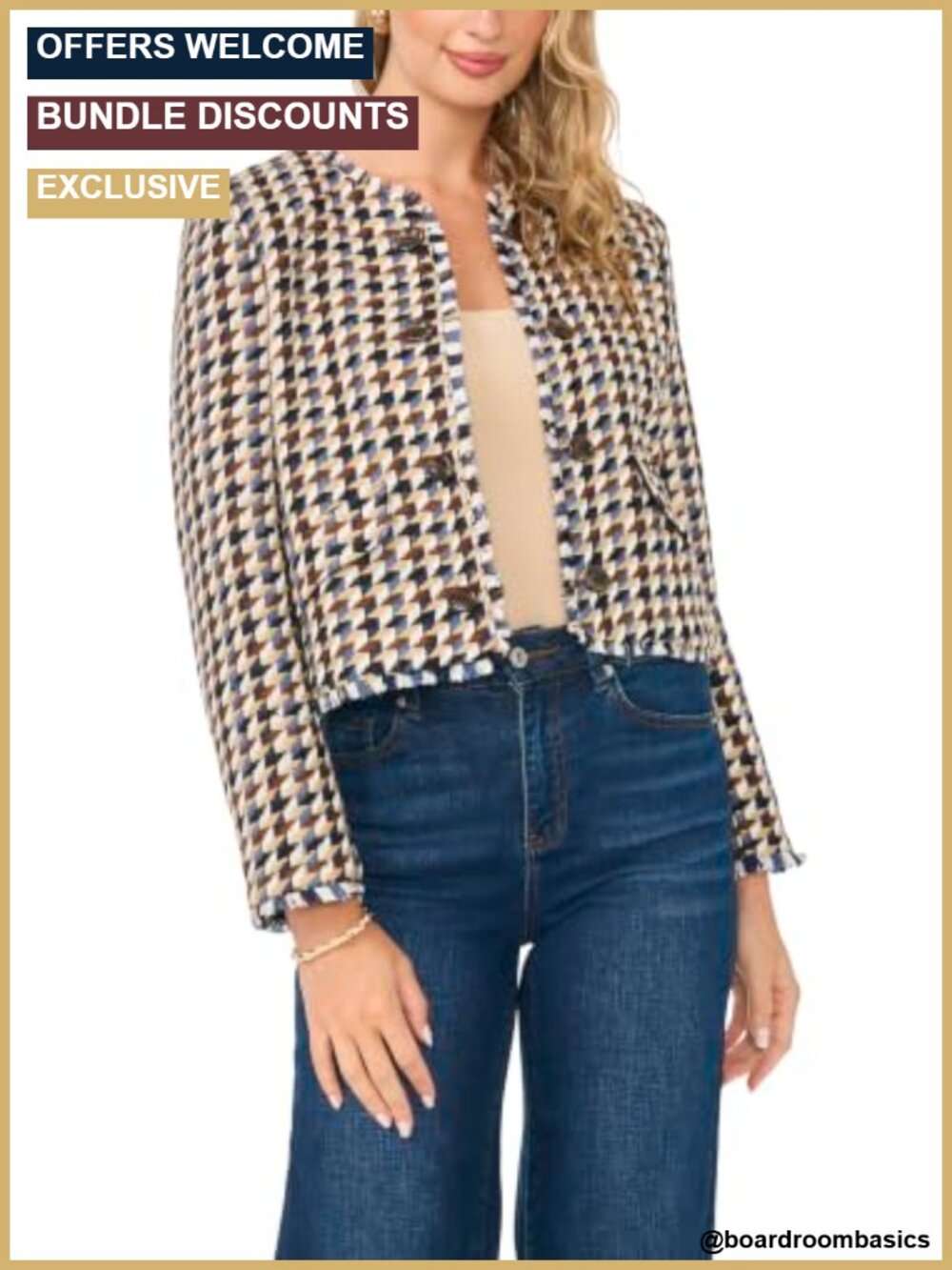 Vince Camuto Checkered Boucle Blazer Tweed Short Sleeve